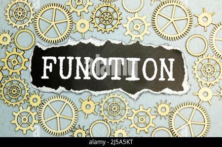 Text auf grauem Wort Funktion in kleinen Holzbuchstaben mit schwarzer Schrift auf blauem Hintergrund. Stockfoto