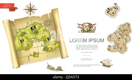 Bunte Schätze Hintergrund mit Piraten Karte Emblem Kanone Kompass Wind Rose Meer Monster Schiff unbewohnten Insel Vektor Illustration Stock Vektor