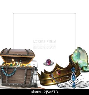 Realistische Piratenschätze Konzept mit Rahmen für Text Krone Diadem Ring Laterne Brust voller Goldmünzen und Juwelen Vektor Abbildung Stock Vektor