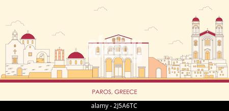 Cartoon Skyline Panorama der Insel Paros, Kykladen, Griechenland - Vektorgrafik Stock Vektor