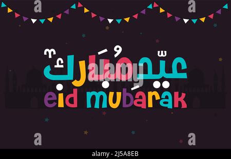 Eid Mubarak Islamische Grußkarte in arabischer Kalligraphie Vektor. Kalligraphievektor Eid al Fitr und Eid al Adha. Vektor-Illustration „Happy eid“. Stock Vektor