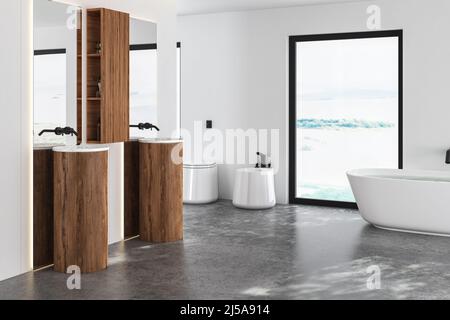 Modernes Badezimmer mit weißer Badewanne, Toilette und zwei Waschbecken mit quadratischen Spiegeln. Weißes, minimalistisches Design des modernen Badezimmers. 3D Rendern Stockfoto