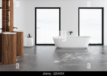 Wunderschöne weiße Badewanne in der Mitte des hellen Badezimmers und zwei Waschbecken. Minimalistisches Design des modernen Badezimmers. 3D Rendern Stockfoto