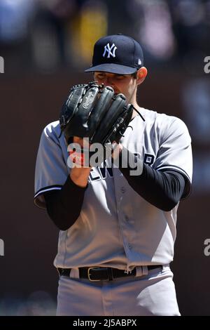 Detroit, USA. 21. April 2022. DETROIT, MI - 21. APRIL: New York Yankees SP Jordan Montgomery (47) während des Spiels zwischen New York Yankees und Detroit Tigers am 21. April 2022 im Comerica Park in Detroit, MI (Foto von Allan Dranberg/CSM) Quelle: CAL Sport Media/Alamy Live News Stockfoto