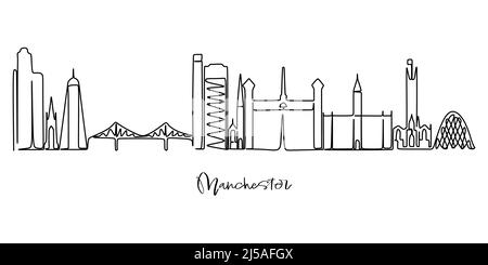 Sigle-Linienzeichnung der Skyline von Manchester. Stadt Wolkenkratzer Landschaft in der Welt. Beste Reiseziel Urlaub Wanddekoration Poster Kunst Urlaub concep Stock Vektor