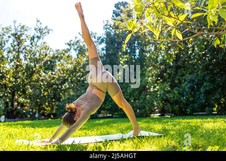 Frau, die morgens im tropischen Park Akro-Yoga-Übungen macht Stockfoto