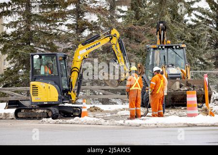 Calgary, Alberta, Kanada. April 21, 2022. Ein Yanmar VIO35 Minibagger mit hydraulischem Daumen und Planiermesser, der mit etwas Konstruktio auf dem Boden graben kann Stockfoto