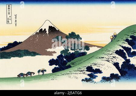 Japan: ‘Inume Pass, Koshu’. Ukiyo-e Holzschnitt aus der Serie ‘Thirty-Six views of Mount Fuji’ von Katsushika Hokusai (31. Oktober 1760 - 10. Mai 1849), 1830. ‘Thirty-Six Views of Mount Fuji’ ist eine Serie von Holzschnitten der japanischen Künstlerin Katsushika Hokusai, die „Sukiyo-e“ ‘. Die Serie zeigt den Fuji in unterschiedlichen Jahreszeiten und Wetterbedingungen an verschiedenen Orten und Entfernungen. Es besteht tatsächlich aus 46 Drucken, die zwischen 1826 und 1833 entstanden sind. Die ersten 36 wurden in die Originalpublikation aufgenommen, und aufgrund ihrer Popularität wurden nach der Originalpublikation 10 weitere hinzugefügt. Stockfoto