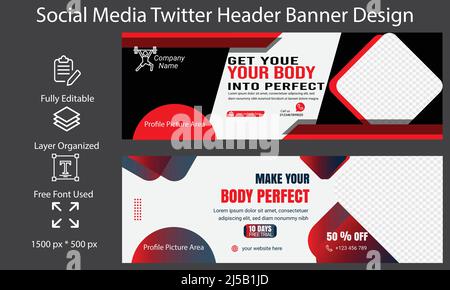 Fitness und Fitness Social Media Twitter Banner oder Titelbild Stock Vektor