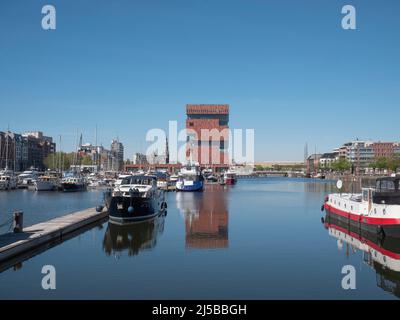 Antwerpen, Belgien, 17. April 2020, das Gebäude Museum Aan De Stroom ( MAS, Museum am Fluss) spiegelt sich im Wasser des Kattendijkdok Stockfoto