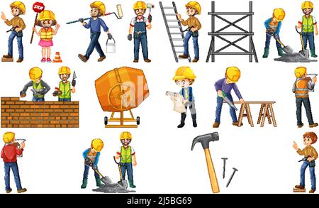Satz von Baustellen Objekte und Arbeiter Illustration Stock Vektor