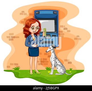 Geldautomat mit einer Frau Geld abheben Illustration Stock Vektor