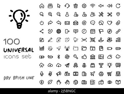 Set von universellen Symbolen für Web-Anwendung, Benutzeroberfläche und mobile App. Trockenbürste Skizze minimalistischen Stil. Stock Vektor