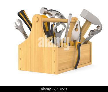 toolbox mit Werkzeugen auf weißem Hintergrund. Isolierte 3D-Abbildung Stockfoto