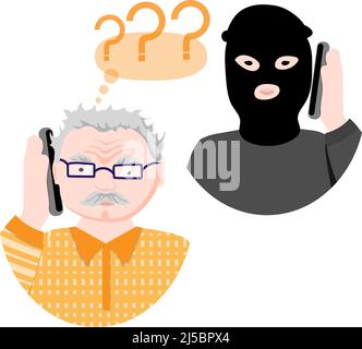 Ein älterer Mann und ein Betrüger sprechen am Telefon, auf weißem Hintergrund. Telefonbetrug. Betrügerische alte Menschen. Vektorgrafik im flachen Stil Stock Vektor