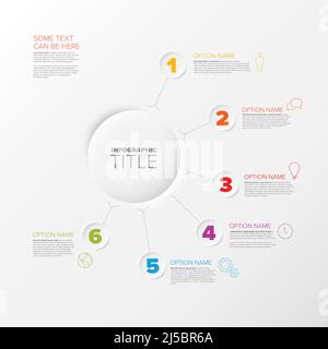Infografik-Berichtsvorlage für sechs Schritte oder Optionen, aus kreisförmigen Reliefelementen mit Beschreibungen und Symbolen mit großen Zahlen Stock Vektor