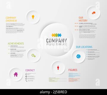 Unternehmen Infografik Profil Design-Vorlage mit modernen Icon-Elemente auf Relief Lichtkreise. Unternehmen Erfolge Kontakt Zahlen Standorte Geschichte Stock Vektor