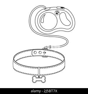 Hundeleine mit Kragen, Vektorgrafik, isoliert auf weißem Hintergrund, schwarzer Umriss, Doodle Stock Vektor