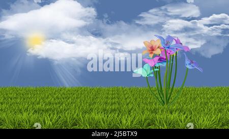 3D Abbildung. Frühling, Sommer. Blumen, blühen auf grüner Wiese mit Himmel, Sonne, Wolken Hintergrund. Stockfoto