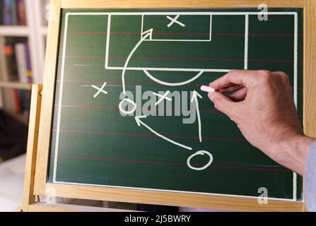 Coach mit einer Tafel, die den Spielplan mit der Fußballmannschaft diskutiert Stockfoto