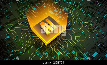 AI 3D Bildkonzept. Computermikroprozessor mit künstlicher Intelligenz auf digitalem Hintergrund. Computermikroprozessor mit künstlicher Intelligenz auf digitalem Hintergrund. Digitale Neurotechnologien Ai. Hochwertige 3D-Illustration Stockfoto