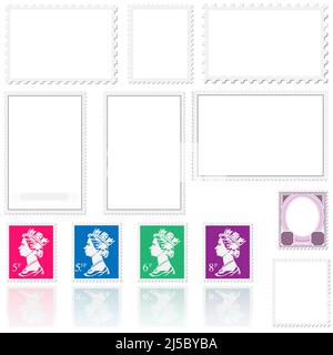 Set von Briefmarkenmarken auf glänzendem weißem Hintergrund Stock Vektor
