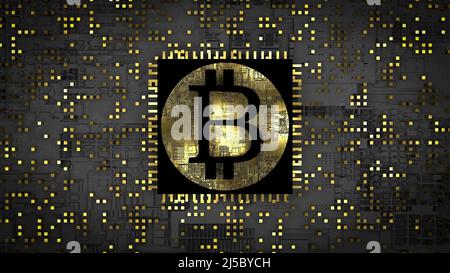 3D Bitcoin, Kryptowährung und Mining-Konzept. Bitcoin-Zeichen auf dem cpu-Prozessor eines Computers in goldenem Licht. Kryptoökonomie, virtuelles Geld, Einkommen, Geschäftsidee. Hochwertige 3D-Illustration Stockfoto