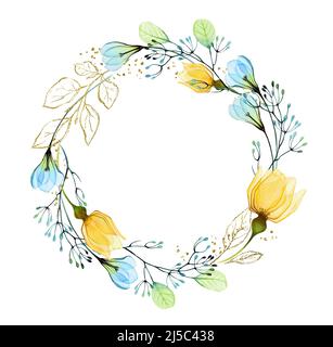 Aquarell-Blumenkranz mit gelben Rosen und blauen Schneeglöckchen. Abstrakter runder Rahmen mit ukrainischen Blumen und Blättern. Handbemalte Illustration mit Stockfoto