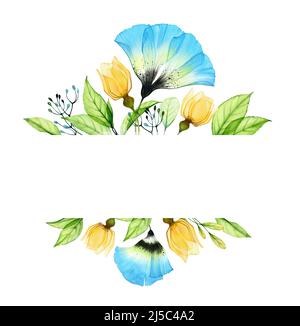 Aquarell florale Komposition mit gelben Rosen und blauer Anemone. Abstraktes Banner mit ukrainischen Blumen und Blättern. Für benutzerdefinierten Text platzieren. Hand Stockfoto