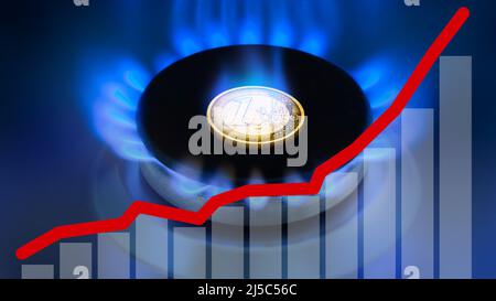 Diagramm der steigenden Erdgaspreise. Euro-Münze auf dem Brenner Stockfoto