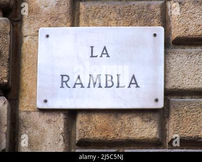 La Rambla Straßenschild, Nahaufnahme, Wahrzeichen von Barcelona, Spanien, berühmte Straße in Barcelona Stockfoto