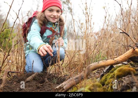 Sachsen Anhalt, Deutschland. 22. April 2022. 22. April 2022, Sachsen-Anhalt, Silberhütte: Marike aus Harzgerode hält am Arbor Day einen Kupferbuche-Sämling bereit für eine Pflanzaktion. Auf einem Gebiet sollen insgesamt 1000 Kupferbuchen, die auch der Baum des Jahres 2022 sind, gepflanzt werden. Die Tree Day-Kampagne wird in Deutschland seit 1952 gefeiert. Ziel ist es, insbesondere junge Menschen für den Wert von Bäumen für das Klima, die Erde und für die Menschen zu sensibilisieren. Foto: Matthias Bein/dpa-Zentralbild/ZB Quelle: dpa picture Alliance/Alamy Live News Stockfoto