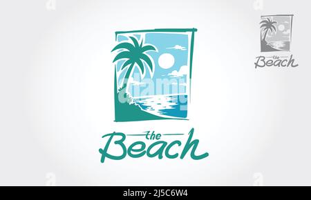 Die Beach Vector Logo Vorlage. Panorama illustriertes Logo für Freizeitclub, tropisches Themencafé, Reisebüro, Freizeitort. Stock Vektor