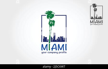 Miami Beach Vektor-Logo am tropischen Strand mit Palmen. Im Silhouette-Stil mit Strand, Palmen und Gebäuden Vektor-Illustration. Stock Vektor