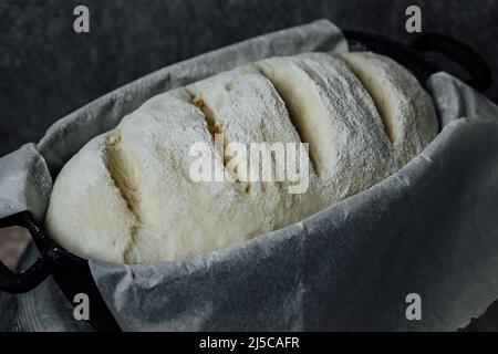 Roher Brotteig in der Form bereit zum Backen Stockfoto