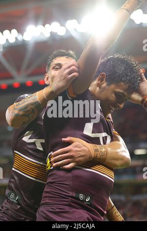 Brisbane, Australien. 22. April 2022. Selwyn Cobbo von der Brisbane Broncos feiert am 4/22/2022 in Brisbane, Australien. (Foto von Patrick Hoelscher/News Images/Sipa USA) Quelle: SIPA USA/Alamy Live News Stockfoto