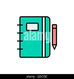 Notizbuch- und Stiftsymbol. Linie, durchgezogene und gefüllte Umrisse farbige Version, Umrisse und gefüllte Vektorzeichen. Symbol, Logo-Illustration. Anders Stil ico Stock Vektor