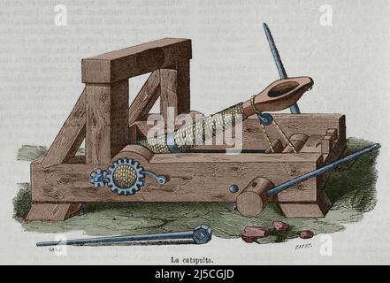 Antike Geschichte. Das Katapult. Belagerungsmaschine verwendet, um Objekte aus der Ferne als Geschosse zu werfen. Gravur von Capuz. Spätere Färbung. Historia General de España von Pater Mariana. Madrid, 1852. Stockfoto