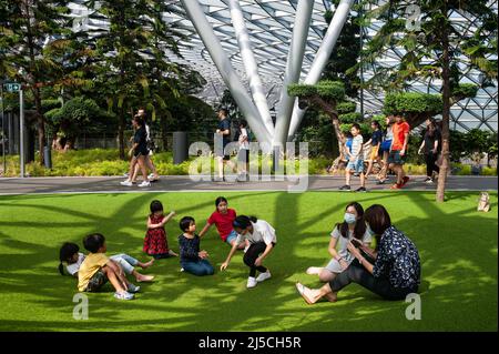 18.03.2020, Singapur, Republik Singapur, Asien - Kinder spielen im neuen Jewel Terminal am Changi Airport auf dem Kunstrasen der Foggy Bowls, einem Spielplatz, umgeben von Pinien im Canopy Park, aus dessen Höhlen gelegentlich Nebelwolken aufsteigen. Trotz der schnellen Ausbreitung des Coronavirus sieht man immer noch viele Menschen, die scheinbar entspannt ihren Alltag durchmachen. [Automatisierte Übersetzung] Stockfoto