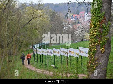 Eisenach, Deutschland. 22. April 2022. 22. April 2022, Thüringen, Eisenach: Die ersten Bildtafeln einer Leporello-Bibel mit mehr als 3000 Bildern werden bei einer Presseveranstaltung während des Baus gezeigt. Die Bibel wurde vom Stuttgarter Künstler Willy Wiedmann geschaffen. Zum Jubiläum „500 Jahre Bibelübersetzung“ wird sie als Eisenach Pilgrim Bible zu einer 1,7 Kilometer langen Ausstellung aufgebaut. In der Zeit zwischen dem Jahrestag der Ankunft Luthers auf der Wartburg im Mai und dem Jahrestag des Erscheinens des Neuen Testaments auf Deutsch im September wird die Wiedmann-Bibel verprese Stockfoto