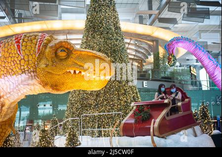 08. Dezember 2020, Singapur, Republik Singapur, Asien - Dinosaurier, Ein Schlitten und ein Weihnachtsbaum dienen im Dino Wanderland als Weihnachtsdekoration und Fotoruckentwürfe für Besucher und Flugreisende in der Abfluglounge im Terminal 3 des Changi International Airport inmitten der globalen Coronavirus-Pandemie (Covid-19). [Automatisierte Übersetzung] Stockfoto