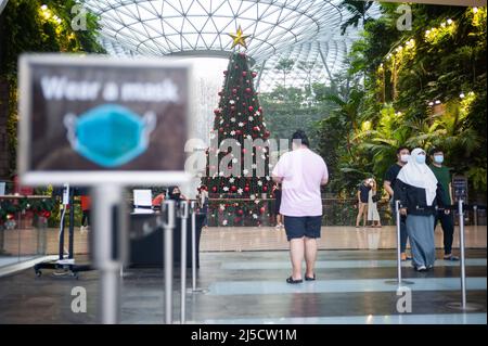 08. Dezember 2020, Singapur, Republik Singapur, Asien - Ein Schild (trägt eine Maske) erinnert die Menschen am Eingang zum neuen Juwelenterminal am Changi International Airport daran, dass Masken obligatorisch sind, um eine weitere Ausbreitung des Coronavirus (Covid-19) während der globalen Coronapandemie zu verhindern. Im Hintergrund ist ein geschmückter Weihnachtsbaum. [Automatisierte Übersetzung] Stockfoto