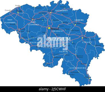 Sehr detaillierte Vektorkarte von Belgien mit Verwaltungsregionen, Hauptstädten und Straßen. Stock Vektor