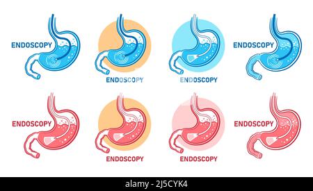 Endoskopie Magen, Gastroskopie, gastrointestinale medizinische Diagnose-Icon-Set. Endoskop der Gastroenterologie, Untersuchung des Magen-Darm-Traktes. Vektor Stock Vektor