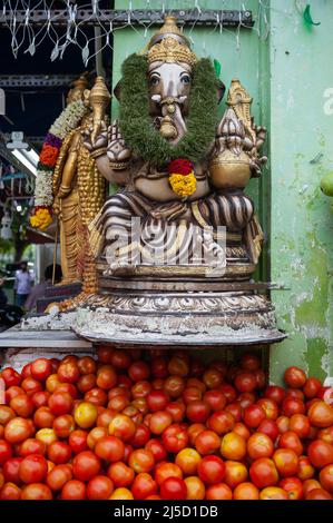 10. Mai 2019, Singapur, Republik Singapur, Asien - Eine Hindu-Statue von Ganesha und ein kleiner Schrein befinden sich über einem Haufen frischer Tomaten vor einem Lebensmittelgeschäft in der Little India Nachbarschaft. [Automatisierte Übersetzung] Stockfoto