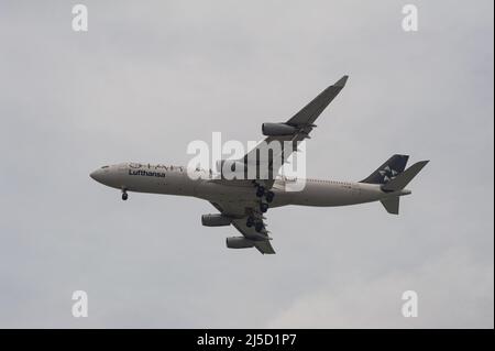 26.05.2021, Singapur, Republik Singapur, Asien - Ein Lufthansa Airbus A340-300 Passagierflugzeug in Star Alliance-Lackierung und Registrierung D-AIFE beim Anflug auf den Changi International Airport während der anhaltenden Koronakrise, kurz nachdem eine neue Infektionswelle das südostasiatische Land in einen Lockdown-ähnlichen Zustand zurückversetzt hat. Dies führte zu weiteren Einschränkungen wie strengeren Grenzmaßnahmen und Einreisebestimmungen, verbunden mit obligatorischen Vortests und einem negativen Testergebnis bei der Abreise für alle Anwohner und Festanwohner. [Automatisierte Übersetzung] Stockfoto