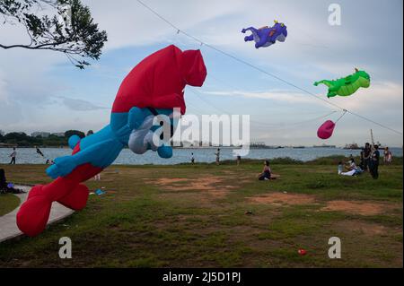 30. Mai 2021, Singapur, Republik Singapur, Asien - während der anhaltenden Koronakrise (Covid-19) fliegen die Menschen Drachen an der Küste von Marina South, kurz nachdem eine neue Infektionswelle das südostasiatische Land in einen Lockdown-ähnlichen Zustand zurückversetzt hat. Dies hat zu weiteren Einschränkungen geführt, wie zum Beispiel der Schließung aller Grundschulen, einem Verbot von Restaurantbesuchen und der Versammlungsfreiheit von nicht mehr als zwei Personen. [Automatisierte Übersetzung] Stockfoto