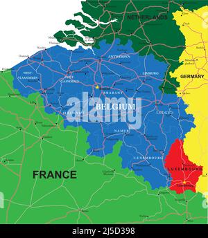 Sehr detaillierte Vektorkarte von Belgien mit Verwaltungsregionen, Hauptstädten und Straßen. Stock Vektor