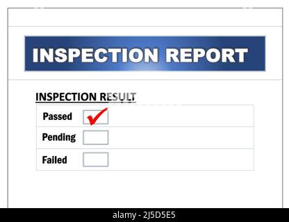 Prüfbericht, das die von Auditmitarbeitern verwendeten Ergebnisse der Kontrollkästchen „Bestanden“, „Ausstehend“ und „Fehlgeschlagen“ enthält. Audit und Geschäftskonzept. Stockfoto