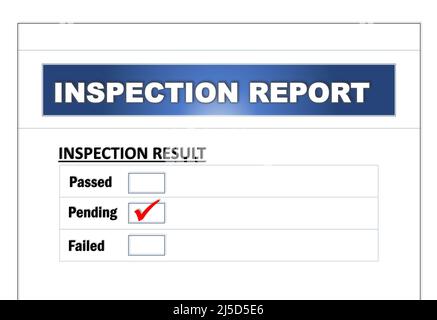 Prüfbericht, das die von Auditmitarbeitern verwendeten Ergebnisse der Kontrollkästchen „Bestanden“, „Ausstehend“ und „Fehlgeschlagen“ enthält. Audit und Geschäftskonzept. Stockfoto